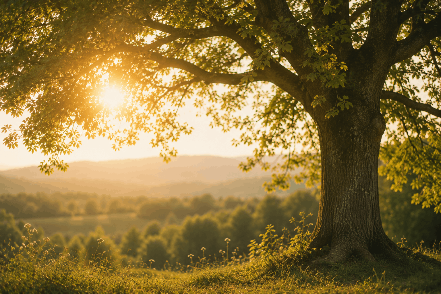 Großer Baum im warmen Abendlicht mit Blick über eine ruhige Natur- und Wiesenlandschaft bei Sonnenuntergang.