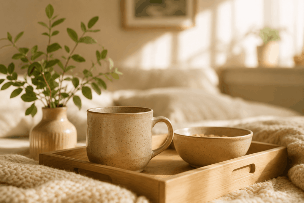 Warme gemütliche Morgenszene mit Tasse, Tablett und sanften Naturtönen in einem ruhigen Familienalltag-Setting