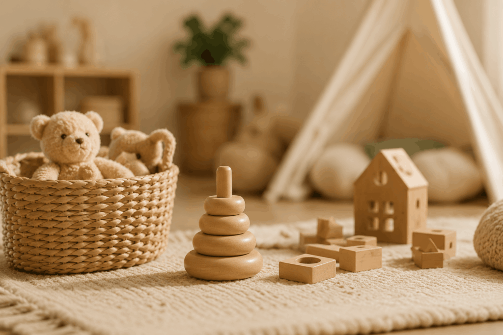 Gemütliche Spielszene mit Holzspielzeug, Kuscheltieren und warmen Naturfarben in einem ruhigen Kleinkindzimmer