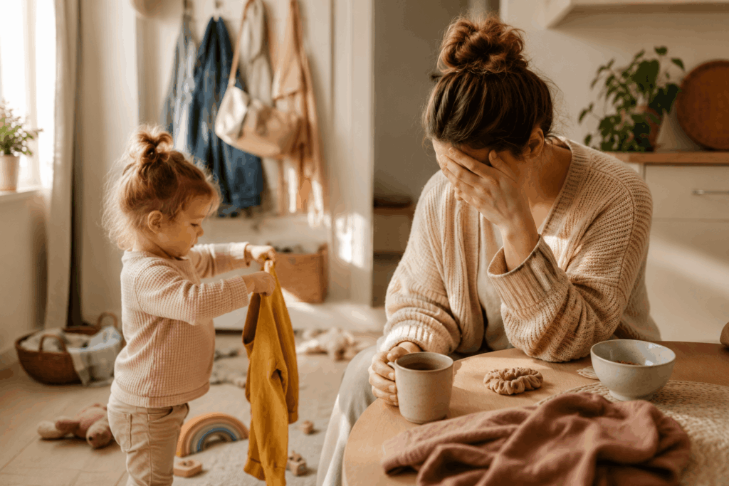 Erschöpfte Mutter sitzt morgens mit einer Tasse Kaffee am Tisch, während ein Kleinkind Kleidung hält. Warme, ruhige Alltagsszene aus dem Familienleben mit sanften Naturtönen und gemütlicher Atmosphäre.