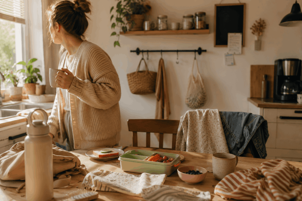 Mehr Ruhe am Morgen – kleine Wege gegen das tägliche Chaos Frau steht morgens mit einer Tasse Kaffee in einer warmen Küche. Auf dem Tisch liegen Brotdose, Kleidung und Alltagsgegenstände eines typischen Familienmorgens mit natürlichem Licht und gemütlicher Atmosphäre.