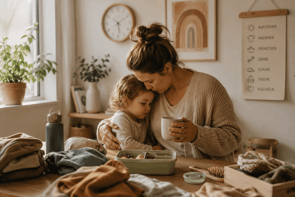Warum Morgen mit Kleinkindern oft so anstrengend sind Mutter sitzt morgens mit ihrem Kleinkind an einem Holztisch und hält eine Tasse in der Hand. Im Hintergrund hängen einfache Morgenroutinen an der Wand. Warme, ruhige Familienatmosphäre mit natürlichem Licht und Alltagsgegenständen.