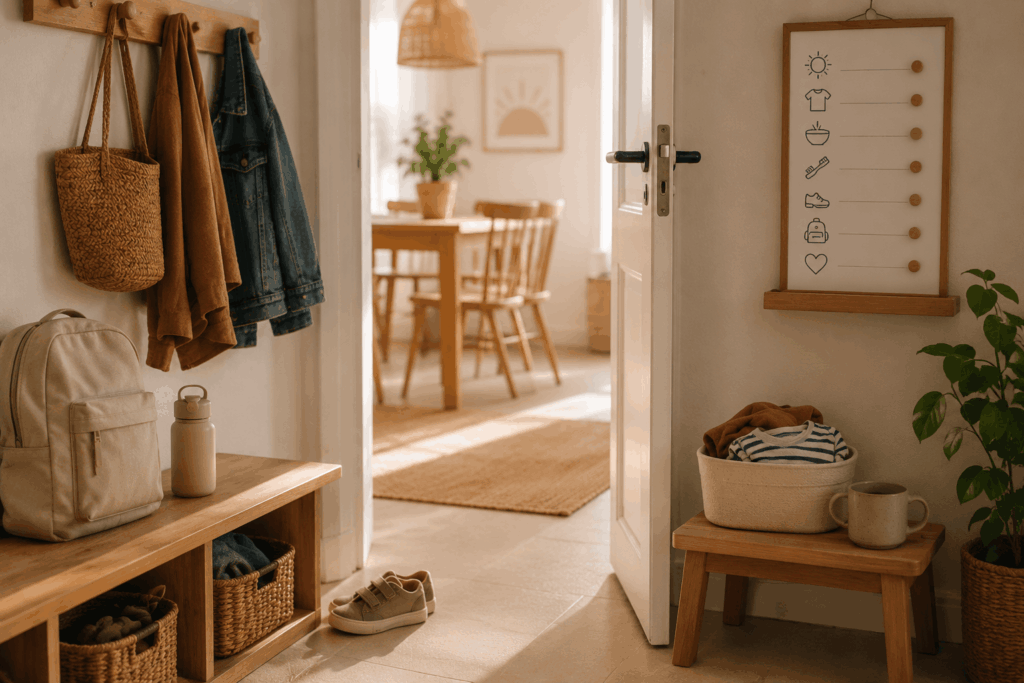 Kleine Veränderungen können Morgen spürbar erleichtern Heller Eingangsbereich einer Familie mit vorbereiteter Tasche, Kleidung, Kinderschuhen und einer einfachen Morgenroutine an der Wand. Warme, ruhige Atmosphäre mit natürlichem Licht und minimalistischer Einrichtung.