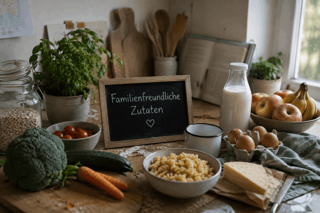 Familienfreundliche Zutaten Gemütlicher Küchentisch mit Gemüse, Pasta, Milch, Eiern und Obst in natürlicher Familienküche mit warmem Licht und leicht unordentlicher Alltagsatmosphäre.