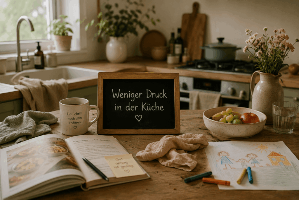 Weniger Druck in der Küche Gemütliche Familienküche mit Kochbuch, Kinderzeichnung, Obstschale und warmem Licht auf einem leicht unordentlichen Holztisch in entspannter Alltagsatmosphäre.