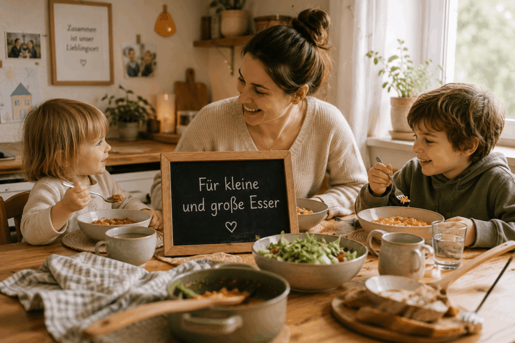 Für kleine und große Esser Mutter sitzt mit zwei Kindern an einem gemütlichen Holztisch und isst gemeinsam Pasta in einer warmen Familienküche mit natürlichem Licht und entspannter Atmosphäre.