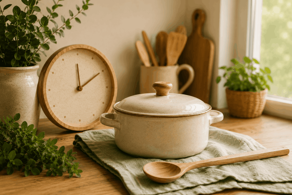 Schnell & alltagstauglich Heller Kochtopf mit Holzlöffel und Uhr auf einem Holztisch in einer gemütlichen Familienküche mit warmem Tageslicht und natürlichen Grüntönen.