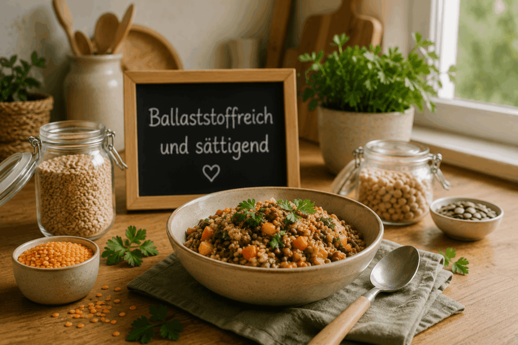 Ballaststoffreich & sättigend Schüssel mit ballaststoffreichem Familiengericht aus Linsen und Gemüse auf einem Holztisch mit Hülsenfrüchten und warmer Küchenatmosphäre im Hintergrund.