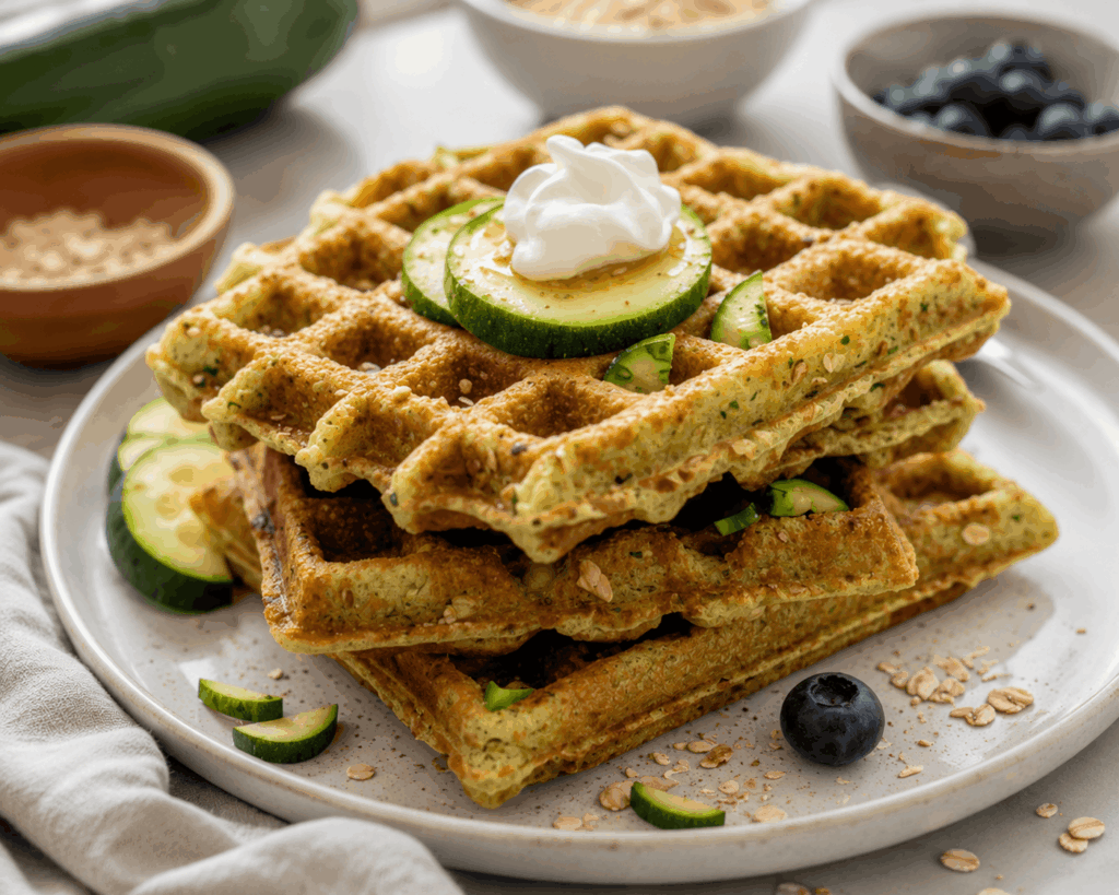 Zucchini-Hafer-Waffeln Goldbraune Zucchini-Hafer-Waffeln auf einem Teller mit frischen Zucchinischeiben und cremigem Topping in heller natürlicher Foodfotografie.