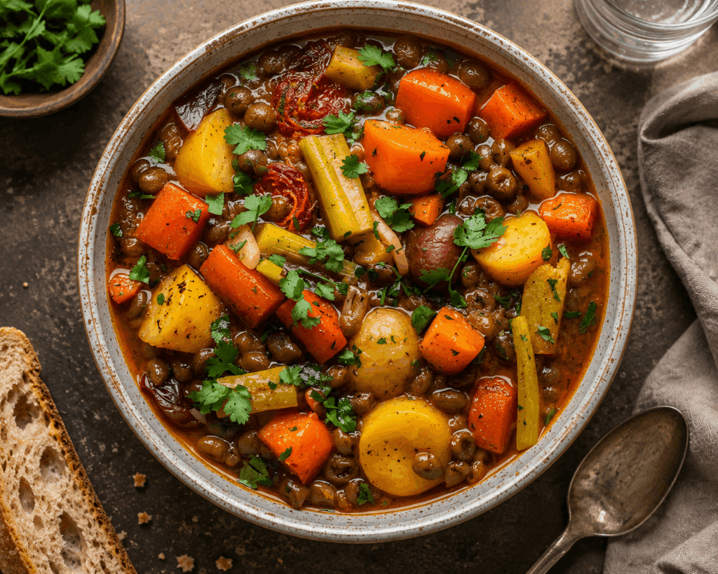 Linsen-Gemüse-Eintopf Rustikale Schüssel mit Linsen-Gemüse-Eintopf aus Kartoffeln, Karotten und frischen Kräutern auf einem dunklen Holztisch in warmer Foodfotografie.