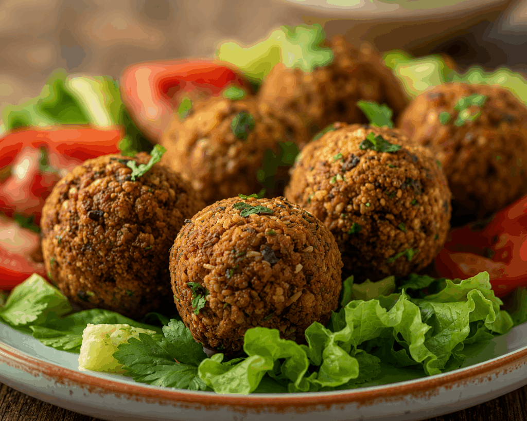 Gemüse-Falafel-Snack Goldbraune knusprige Gemüsebällchen auf frischem Salat mit Kräutern und Gemüse in warmer natürlicher Foodfotografie.