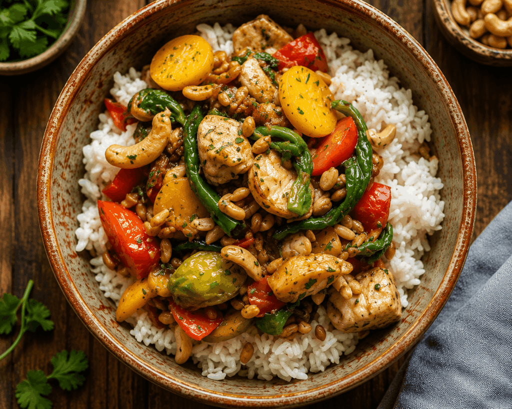 Gemüse Reispfanne Bunte Gemüse-Reispfanne mit Reis, Gemüse und knusprigen Toppings in einer rustikalen Schale auf einem dunklen Holztisch in warmer Foodfotografie.