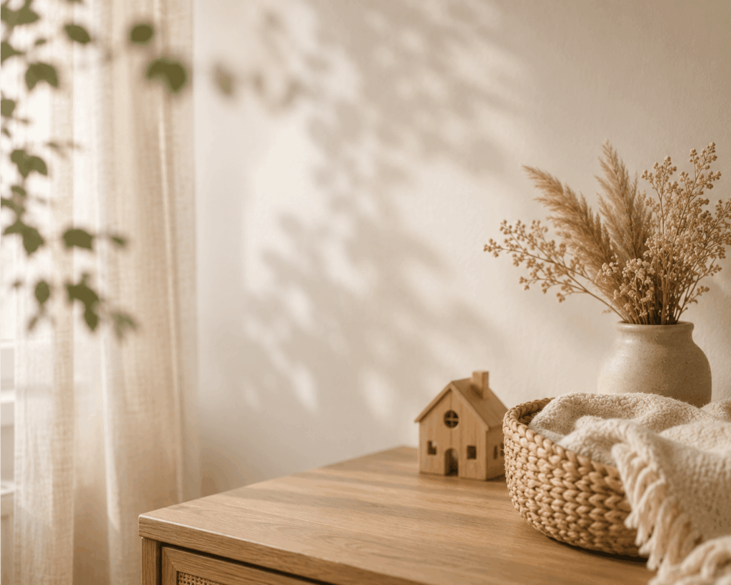 Warme, ruhige Alltagsszene mit Holzkommode, kleiner Holzhaus-Dekoration, Trockenblumen und weicher Decke im natürlichen Familienstil.