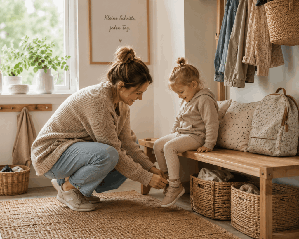 Morgenroutine mit Kleinkind Mutter hilft ihrem Kleinkind morgens beim Schuhe anziehen in einem warmen, ruhigen Flur mit natürlicher Familienatmosphäre.