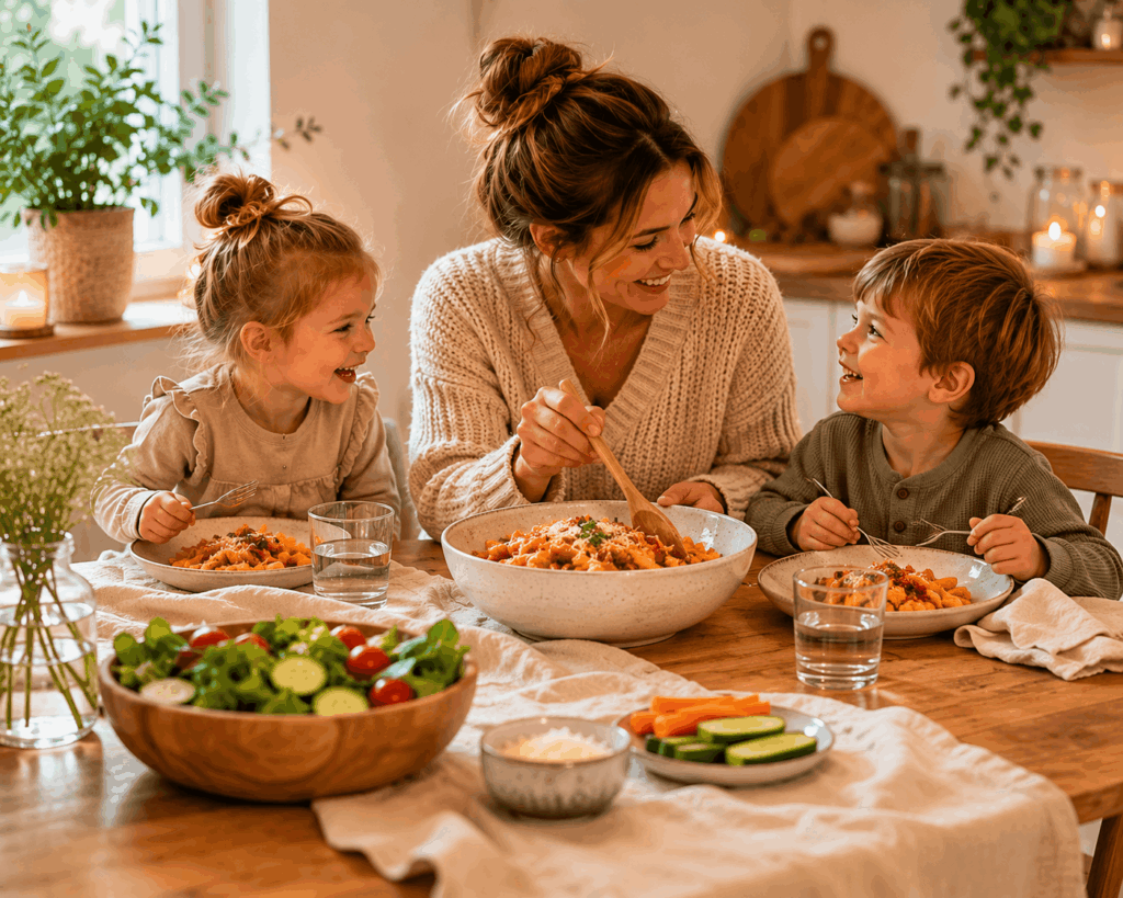 Gemeinsame Familienmomente Familie sitzt gemeinsam an einem gemütlichen Holztisch und isst ein entspanntes Abendessen mit Gemüse, Pasta und warmem Licht in natürlicher Wohnatmosphäre.
