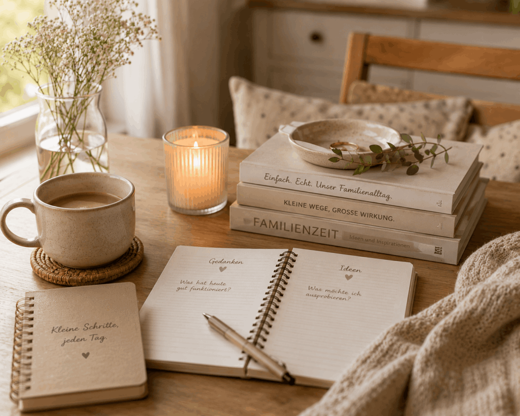 Gedanken & kleine Impulse Gemütlicher Holztisch mit Notizbüchern, Kerze, Kaffee und warmem Licht in ruhiger Familienatmosphäre mit natürlichen Farben und entspannter Stimmung.