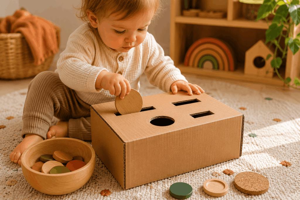 Kleinkind sitzt auf einem Teppich und steckt Holzscheiben durch Öffnungen in einen Karton in einer warmen, ruhigen Spielumgebung mit natürlichen Materialien.