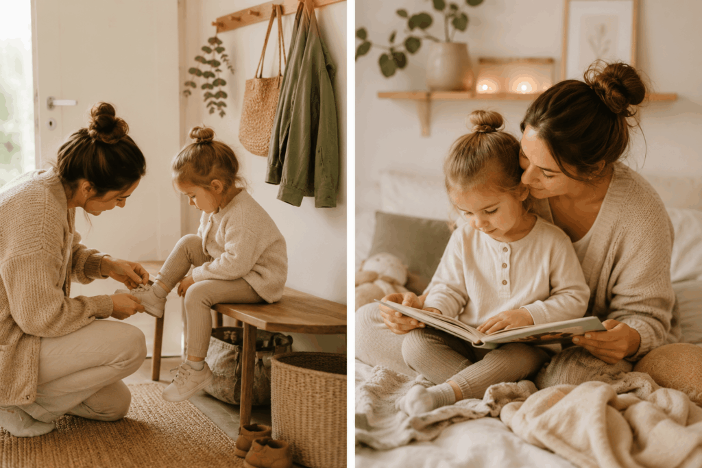 Zweiteiliges Bild mit warmen Naturtönen: Links hilft eine Mutter ihrem Kleinkind beim Schuheanziehen im Flur, rechts lesen Mutter und Kind gemeinsam ein Buch auf einem Bett in ruhiger Atmosphäre.
