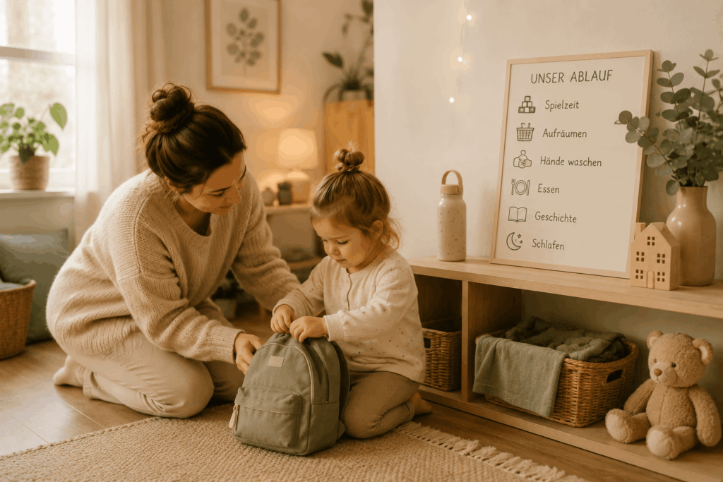 Warme Alltagsszene mit einer Mutter und ihrem Kleinkind, die gemeinsam einen kleinen Rucksack vorbereiten, neben einem ruhigen Tagesablauf-Board in einem gemütlichen Zuhause mit natürlichen Farben und weichem Licht.