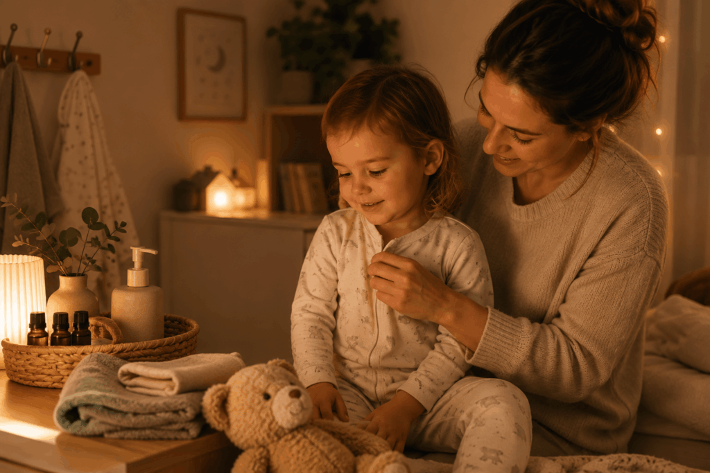 Kleine Rituale am Abend Warme Abendroutine mit einer Mutter und ihrem Kleinkind im Schlafanzug, umgeben von weichem Licht, Kuscheltier, Handtüchern und ruhiger Atmosphäre während eines entspannten Abendrituals.
