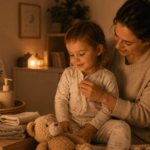 Warme Abendroutine mit einer Mutter und ihrem Kleinkind im Schlafanzug, umgeben von weichem Licht, Kuscheltier, Handtüchern und ruhiger Atmosphäre während eines entspannten Abendrituals.