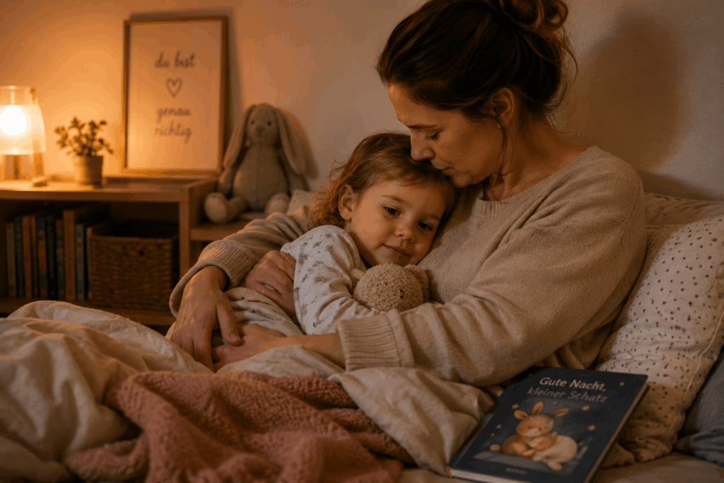 Geborgenheit am Abend Warme Abendroutine mit einer Mutter, die ihr Kleinkind liebevoll im Bett hält, umgeben von sanftem Licht, Kuscheldecken und einer ruhigen, geborgenen Atmosphäre vor dem Einschlafen.