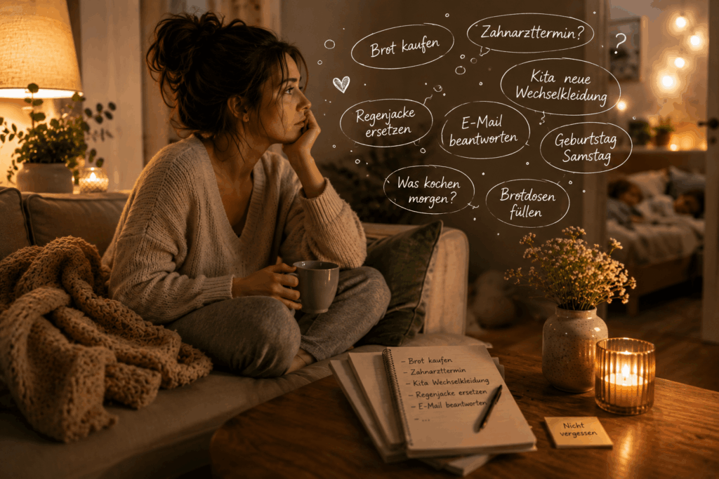 Nachdenkliche Mutter sitzt abends mit einer Tasse in der Hand auf dem Sofa. Über ihr schweben symbolisch Gedanken zu Terminen, Einkäufen und Familienorganisation. Im Hintergrund schlafen die Kinder. Warme, gemütliche Atmosphäre als Sinnbild für Mental Load und die unsichtbare mentale Belastung im Familienalltag.