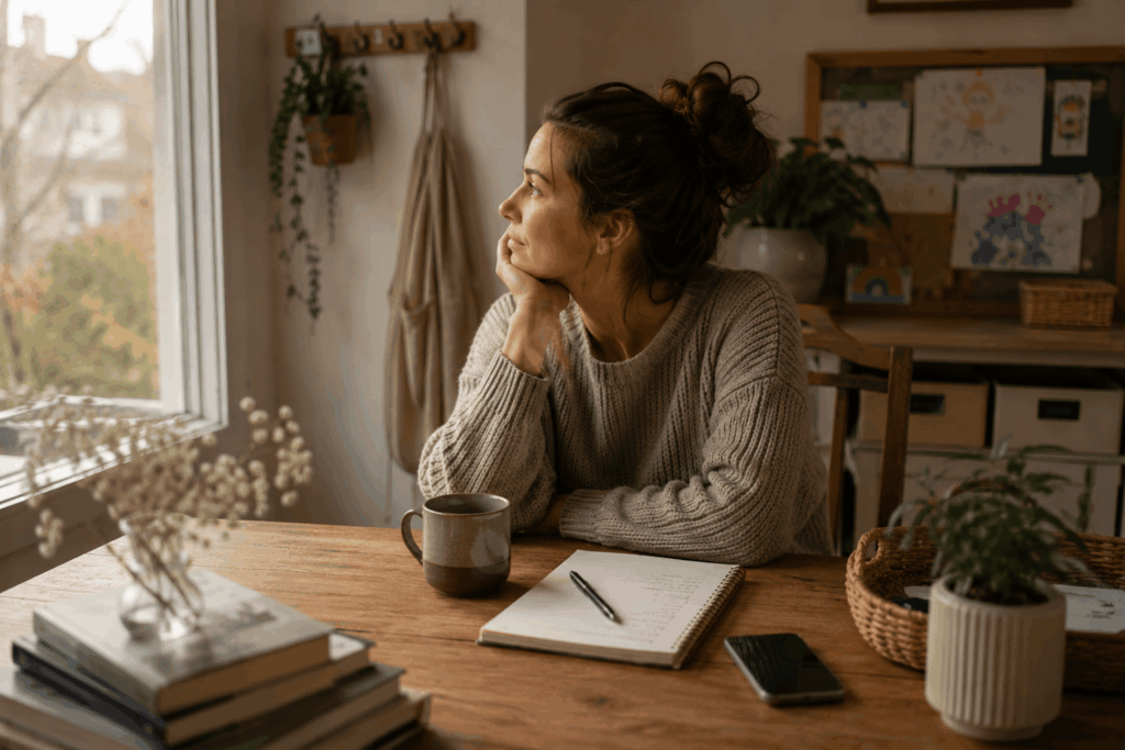 Frau sitzt mit einer Tasse Kaffee an einem Holztisch und blickt nachdenklich aus dem Fenster. Vor ihr liegen ein Notizbuch und ein Smartphone. Im Hintergrund sind Kinderzeichnungen und Pflanzen zu sehen. Die ruhige Szene symbolisiert Mental Load, Gedankenkreisen und das Bedürfnis nach Entlastung im Familienalltag.