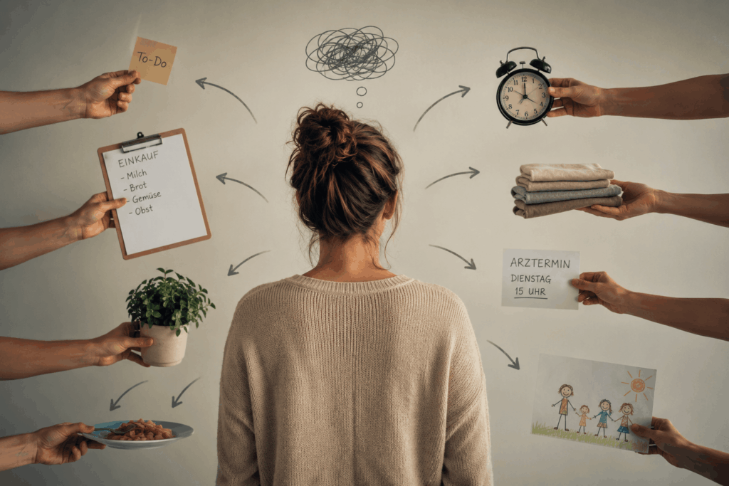 Symbolische Darstellung von Mental Load im Familienalltag. Eine Frau steht vor einer Wand voller Gedanken, Aufgaben, Termine, Einkaufslisten und Familienorganisation. Über ihrem Kopf symbolisiert ein Gedankenknäuel die mentale Belastung durch ständige Verantwortung und Planung.