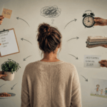 Symbolische Darstellung von Mental Load im Familienalltag. Eine Frau steht vor einer Wand voller Gedanken, Aufgaben, Termine, Einkaufslisten und Familienorganisation. Über ihrem Kopf symbolisiert ein Gedankenknäuel die mentale Belastung durch ständige Verantwortung und Planung.