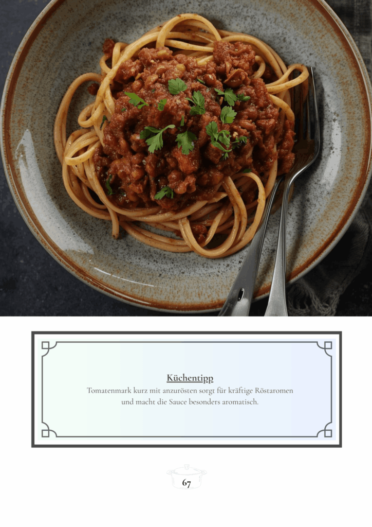 Herzhafte Linsenbolognese für die ganze Familie Warme Linsenbolognese mit Pasta in heller natürlicher Familienküche auf einem Holztisch mit ruhiger gemütlicher Atmosphäre.