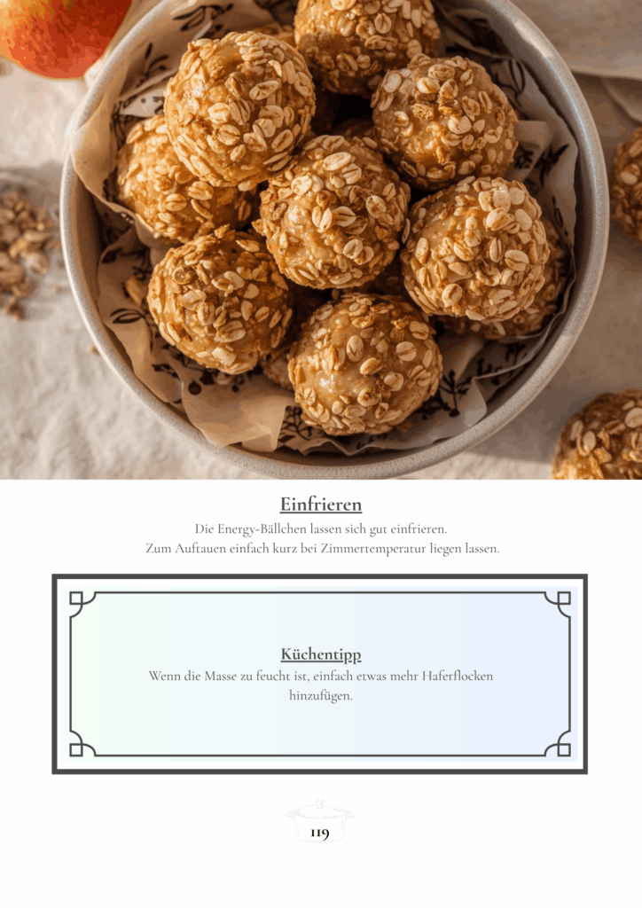 Hafer-Apfel-Energy-Bällchen auf einem hellen Holztisch mit Obst, Snacks und natürlicher warmer Familienküchen-Atmosphäre.