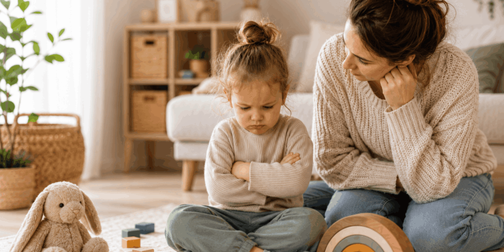 Kleinkind sitzt mit verschränkten Armen auf einem Teppich und wirkt frustriert, während eine Mutter ruhig und aufmerksam neben ihm sitzt. Im Hintergrund befinden sich Holzspielzeug und eine gemütliche Wohnzimmereinrichtung. Das Bild steht für typische Alltagssituationen im Kleinkindalter, Autonomieentwicklung und bedürfnisorientierte Begleitung.