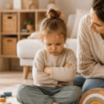 Kleinkind sitzt mit verschränkten Armen auf einem Teppich und wirkt frustriert, während eine Mutter ruhig und aufmerksam neben ihm sitzt. Im Hintergrund befinden sich Holzspielzeug und eine gemütliche Wohnzimmereinrichtung. Das Bild steht für typische Alltagssituationen im Kleinkindalter, Autonomieentwicklung und bedürfnisorientierte Begleitung.