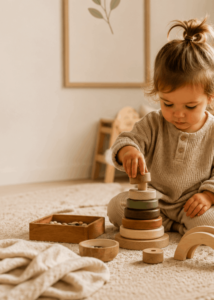 Beschäftigungsideen ab 1 Jahr Kleinkind sitzt auf einem hellen Teppich im gemütlichen Kinderzimmer und spielt konzentriert mit Holzspielzeug und Stapelringen in warmer, natürlicher Atmosphäre.
