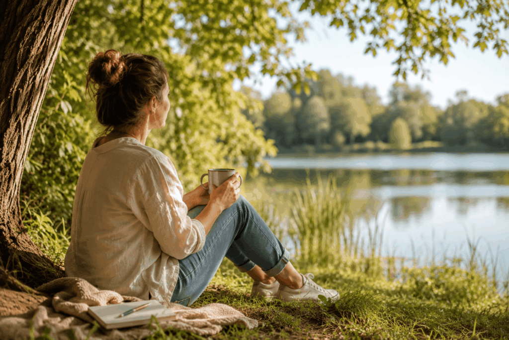 Kleine Pause, neue Kraft Frau sitzt mit einer Tasse Kaffee unter einem Baum am See und genießt eine ruhige Auszeit im Grünen.