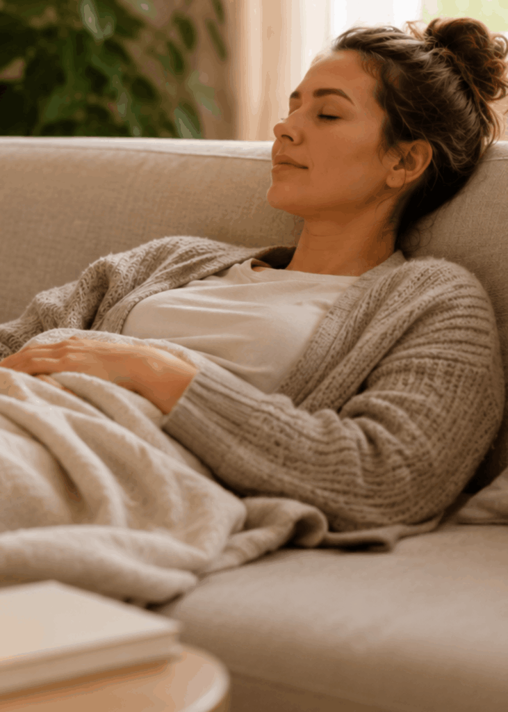 Die Pause ist keine verlorene Zeit Frau liegt mit geschlossenen Augen entspannt auf dem Sofa und ruht sich aus.