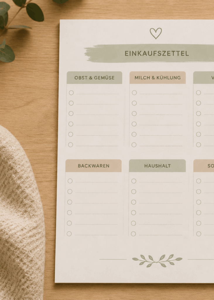 Einkaufszettel für Familien Einkaufszettel mit Kategorien auf einem Holztisch neben einer Kaffeetasse und Holzspielzeug
