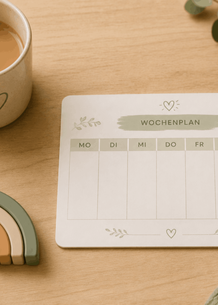Wochenplan für Mama & Kind Wochenplan für Mama und Kind im Querformat auf einem Holztisch neben Kaffee und Holzspielzeug