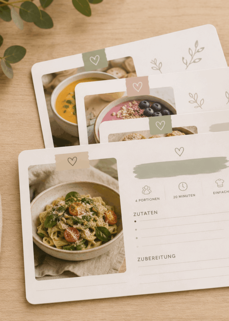 5 Mini-Rezeptkarten für den Familienalltag Fünf Rezeptkarten mit Familienrezepten auf einem Holztisch neben einem Holzlöffel und einer Kaffeetasse