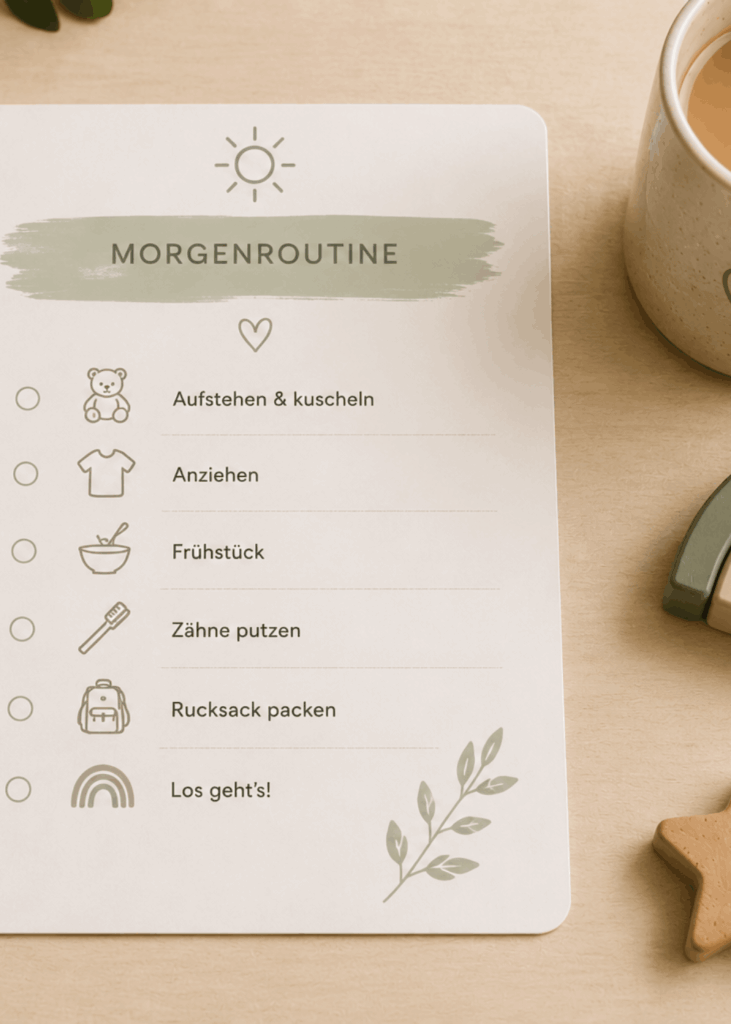 Morgen- & Abendroutine für Kleinkinder Routinekarte für Kleinkinder mit Morgen- und Abendroutine auf einem Klemmbrett, umgeben von Spielzeug und einer Tasse Kaffee
