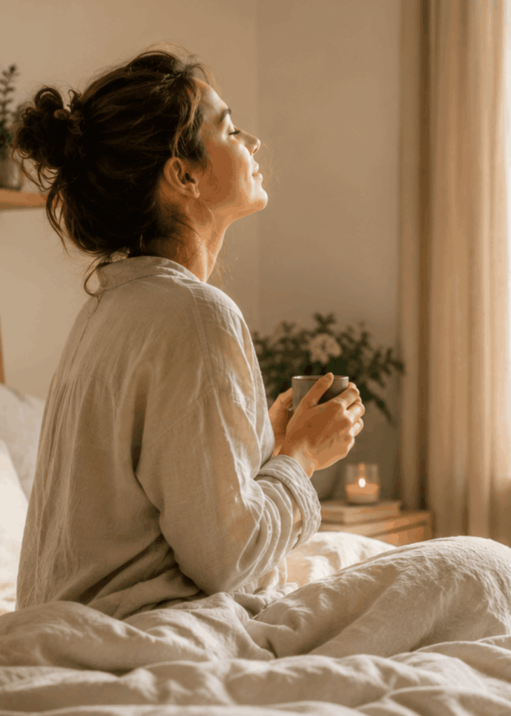 Der Morgen gehört zuerst dir Frau sitzt morgens auf dem Bett mit einer Tasse in der Hand und genießt einen ruhigen Moment vor dem Start in den Tag.