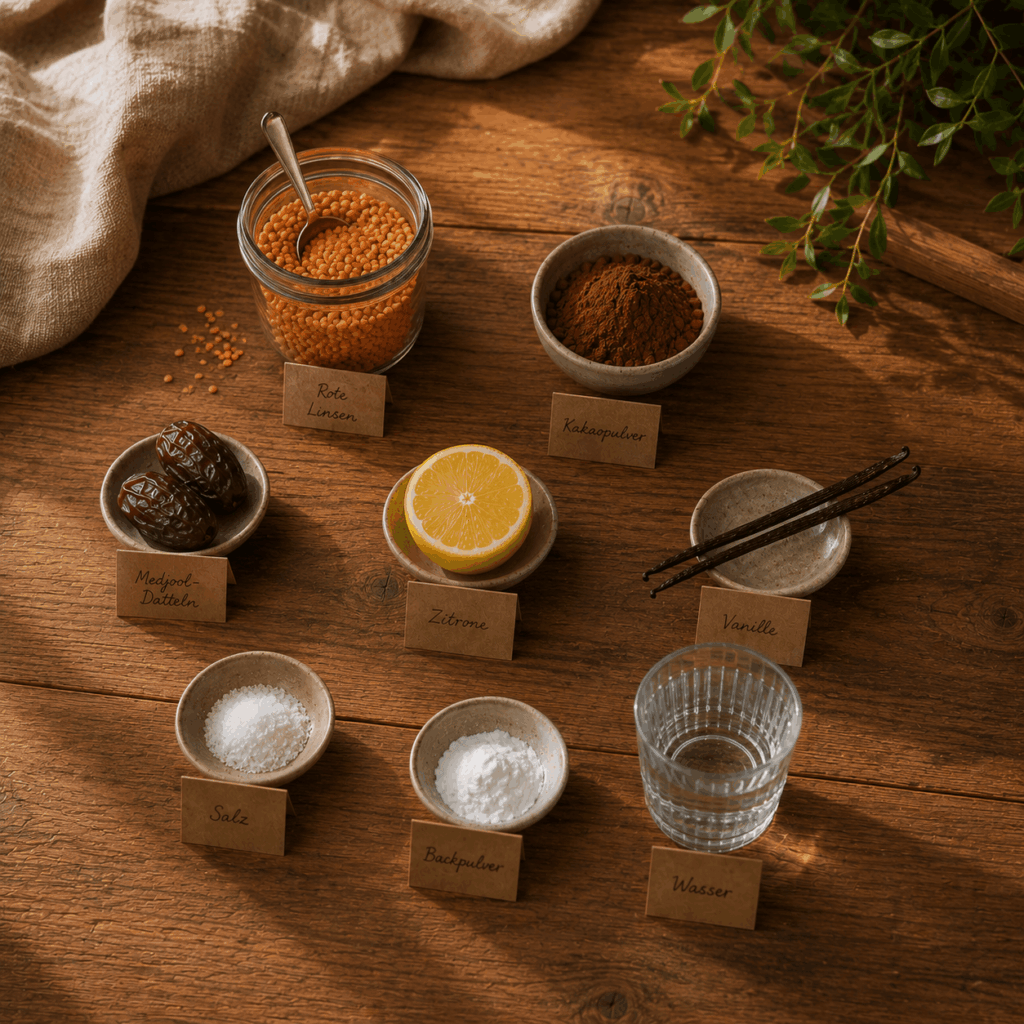 linsen-schoko-waffeln-zutaten-flatlay Draufsicht auf 8 Zutaten für Linsen-Schokowaffeln auf warmem Holzuntergrund — rote Linsen, Kakaopulver, Medjool-Datteln, Zitrone, Vanilleschoten, Salz, Backpulver und Wasser, jeweils mit handgeschriebenen Schildchen beschriftet, dekoriert mit Leinenttuch und grünen Zweigen