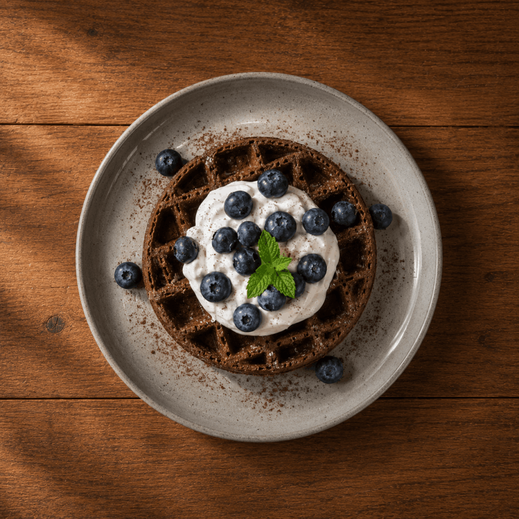 linsen-schoko-waffel-draufsicht-joghurt-blaubeeren Draufsicht auf eine runde Schokoladenwaffel aus roten Linsen auf grauem Keramikteller, belegt mit weißem Joghurt, frischen Blaubeeren und Minzblatt, bestäubt mit Kakaopulver, warmer Holzuntergrund