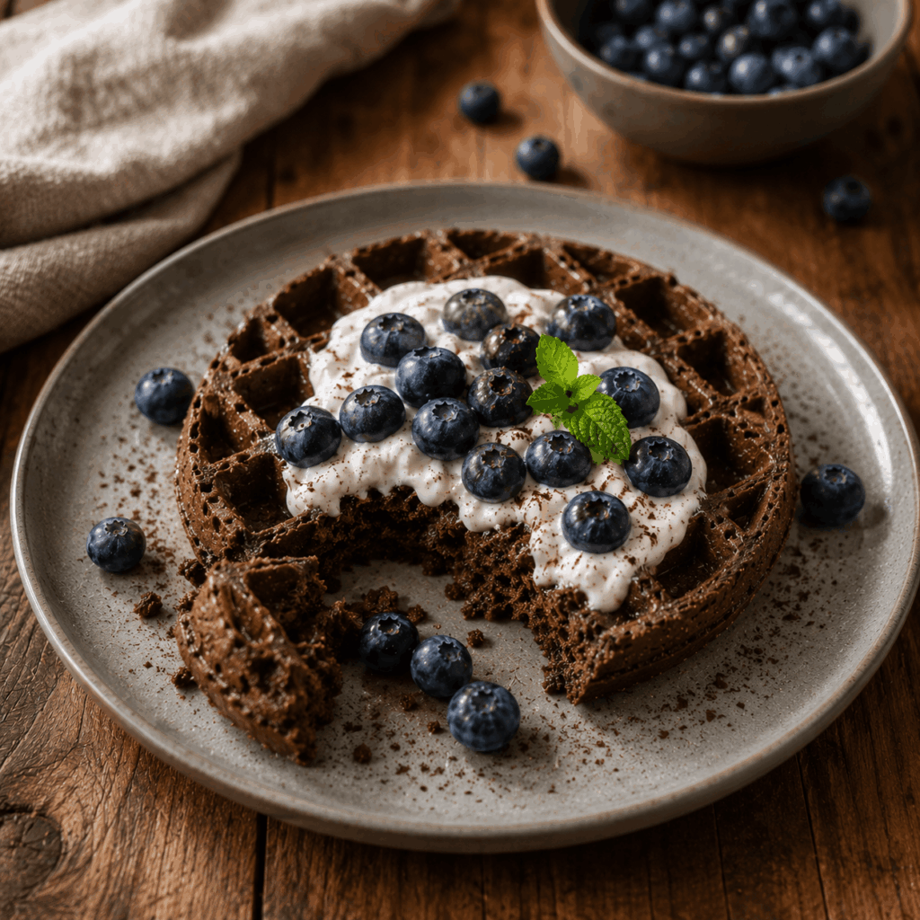 linsen-schoko-waffel-angebissen-joghurt-blaubeeren Schokoladenwaffel aus roten Linsen auf grauem Keramikteller, ein Stück herausgenommen sodass die weiche Innentextur sichtbar ist, belegt mit Joghurt, frischen Blaubeeren und Minzblatt, Leinentuch und Blaubeerschüssel im Hintergrund, warmer Holzuntergrund