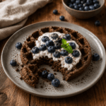Schokoladenwaffel aus roten Linsen auf grauem Keramikteller, ein Stück herausgenommen sodass die weiche Innentextur sichtbar ist, belegt mit Joghurt, frischen Blaubeeren und Minzblatt, Leinentuch und Blaubeerschüssel im Hintergrund, warmer Holzuntergrund