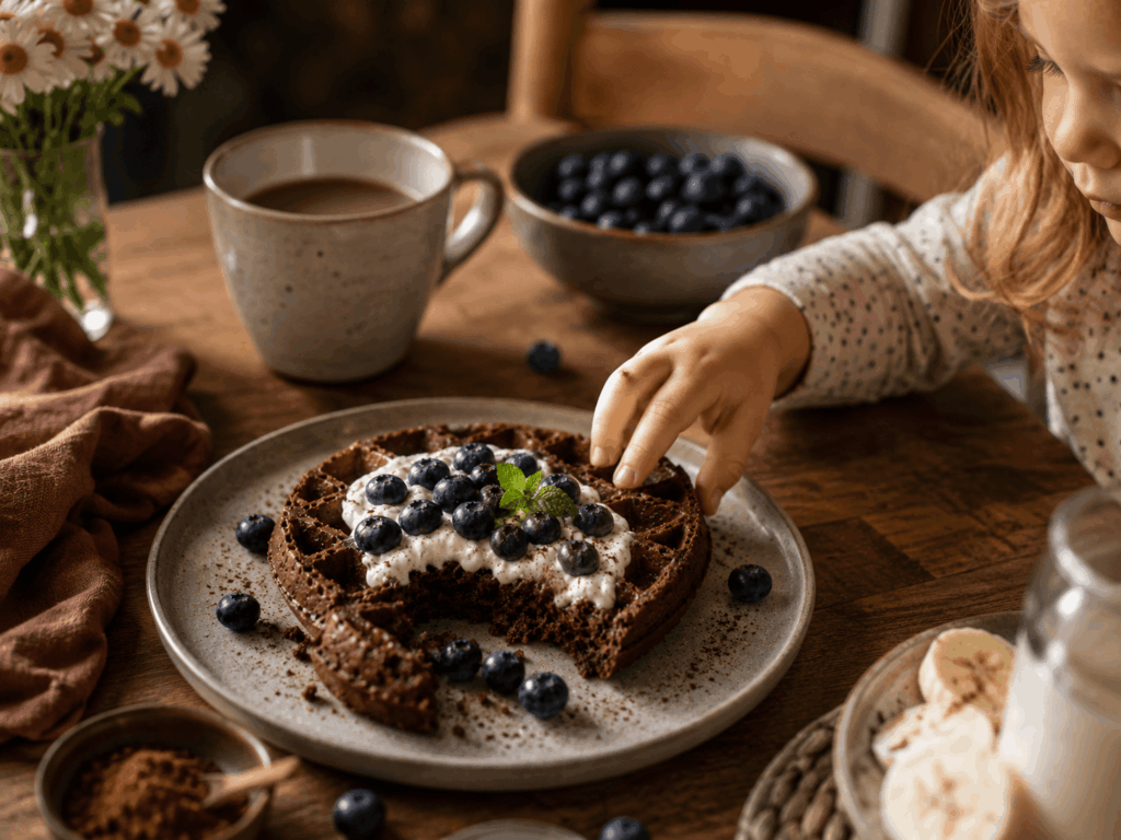 linsen-schoko-waffel-familienfrühstück-kinderhand Kleines Mädchen greift nach einer Schokoladenwaffel aus roten Linsen auf einem gedeckten Frühstückstisch mit Kaffeetasse, Blaubeerschüssel, weißen Blumen und rosa Leinentuch, warme Morgenstimmung