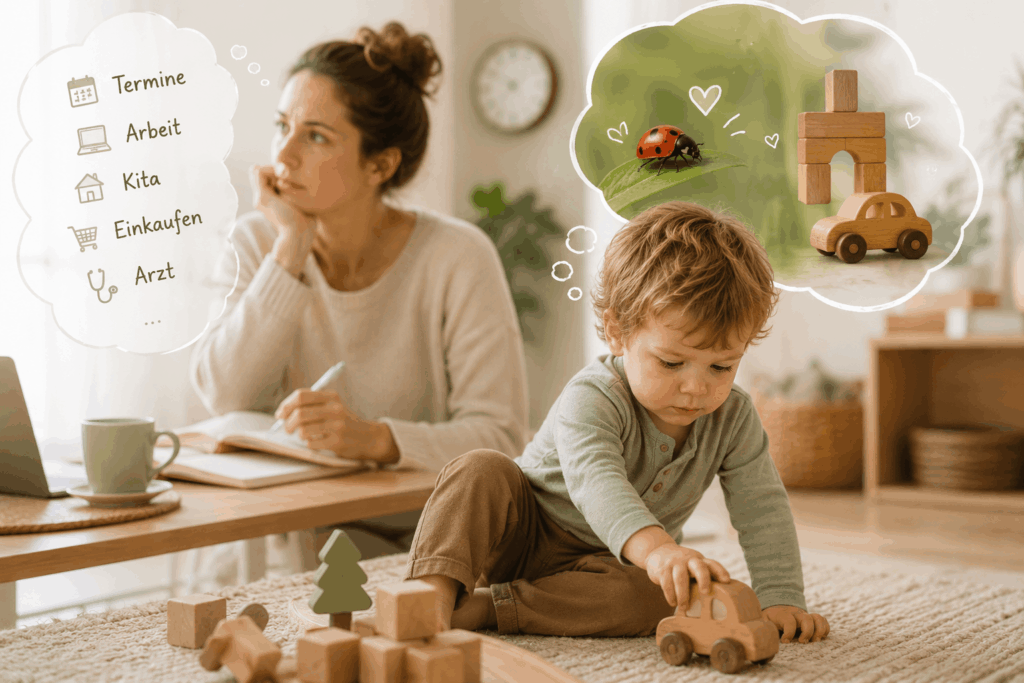 Mutter sitzt nachdenklich am Tisch und denkt an Termine, Arbeit, Kita und Einkäufe, während ein Kleinkind konzentriert mit Holzspielzeug auf dem Boden spielt. Das Bild symbolisiert den Unterschied zwischen dem vorausschauenden Denken von Erwachsenen und dem Leben im Hier und Jetzt kleiner Kinder.