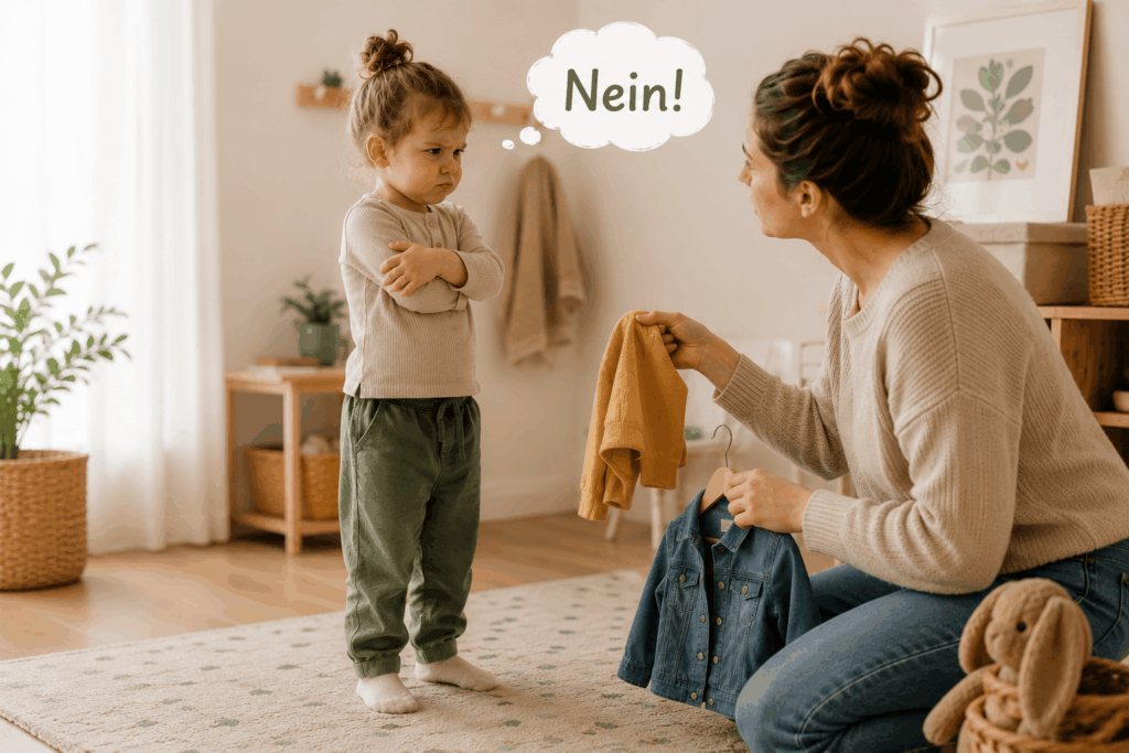 Kleinkind mit verschränkten Armen steht vor einer Mutter, die zwei Jacken zur Auswahl hält. Über dem Kind befindet sich eine Gedankenblase mit dem Wort „Nein!“. Die Szene symbolisiert die Autonomiephase, den Wunsch nach Selbstbestimmung und typische Entscheidungssituationen im Familienalltag.