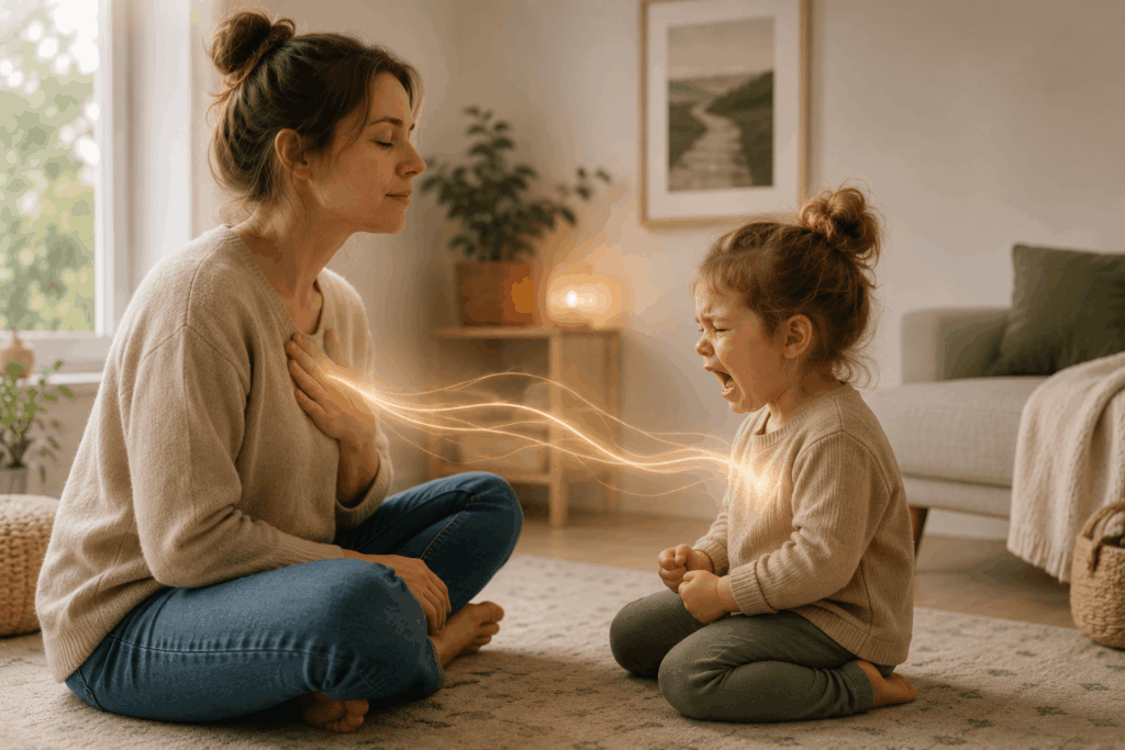 Ruhige Mutter sitzt ihrem wütenden und weinenden Kleinkind auf Augenhöhe gegenüber. Zwischen beiden wird die emotionale Verbindung und Co-Regulation dargestellt. Das Bild symbolisiert, wie Kinder sich an der Ruhe ihrer Bezugsperson orientieren und darüber lernen, ihre Gefühle zu regulieren.